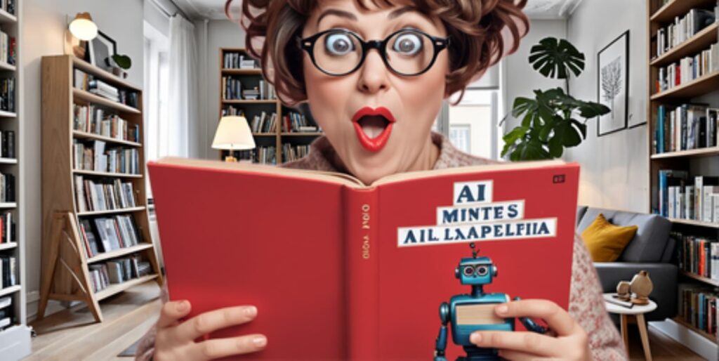 Une femme prend un air agréablement surpris en lisant un livre traitant de l'IA.