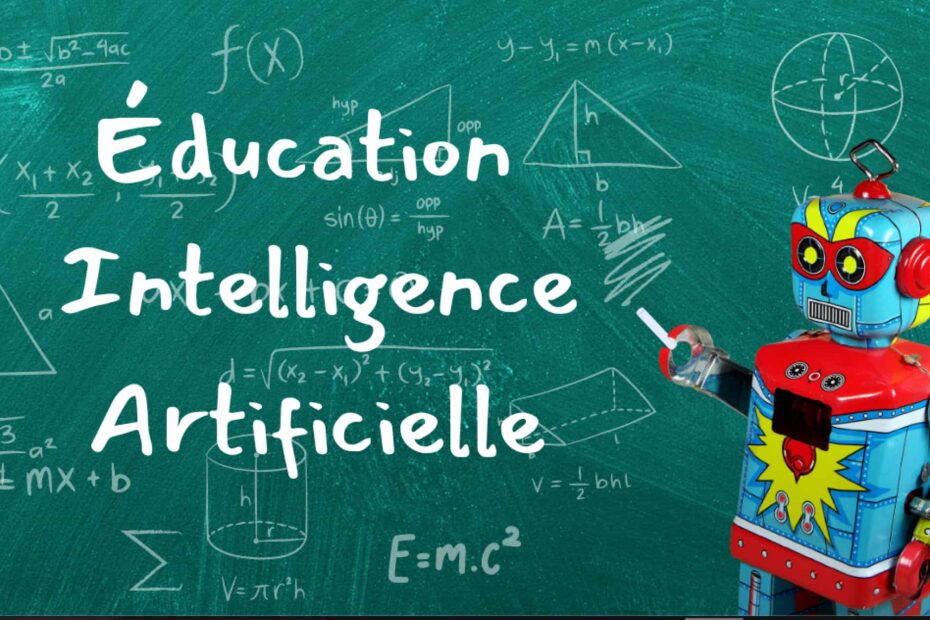 Un jouet-robot métallique vintage se tient avec une craie à la main, devant un tableau d'école sur lequel est inscrit : "éducation intelligence artificielle".