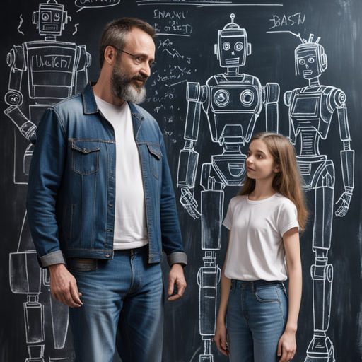 Un père et sa fille se tiennent debout devant un tableau noir sur lequel des schémas de robots sont dessinés à la craie.
